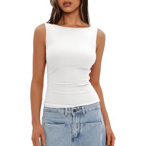 Darong Women's High Neck Tank Top Sleeveless Double Lined Basic Tops Going Out Casual Tank Shirts (White, M)