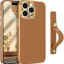 GUAGUA for iPhone 15 Pro Case 6.1 Inch with Wrist Strap Slim Soft Electroplated TPU iPhone 15 Pro Phone Case Shockproof Protective Adjustable Wristband Kickstand Case for iPhone 15 Pro, Coffee Brown