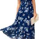Simplee Womens Floral Maxi Dress - Short Sleeve Summer Boho Wedding Guest Dress Empire Waist Chiffon Modest Midi Dresses (Blue, XL)