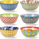 Porcelain Soup Cereal Bowls Set - Ceramic Bowls for Kitchen 23 oz - 6 Colorful Patterned Cute Bowl Sets - 6 Inch Deep Bowls for Oatmeal | Oat | Noodle | Breakfast - Dishwasher and Microwave Safe