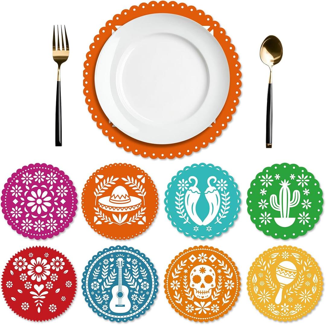 Willinglong Colorful 120 Pieces 12" Mexican Round Placemat Platos De Barro Fiesta Paper Placemats Doilies Cutouts Disposable Papel Picado Cinco De Mayo for Mexican Talavera Party Supplies