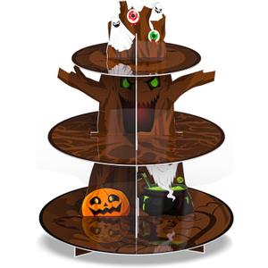7 x Halloween Cupcake Stand Decoration 3 Tier Halloween Cardboard Cupcake Holder Halloween Party Pumpkin Ghost Cat Cupcake Tower for for Trick or Treat Birthday Baby Shower Party Decor (Tree)
