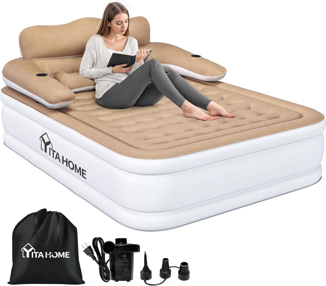 Queen Size Air Mattress with Headboard and Built-in Pump, 18in Blow Up Mattress with Carry Bag, Repair Kit, and Nozzles for Home, Camping, and Travel, Brown