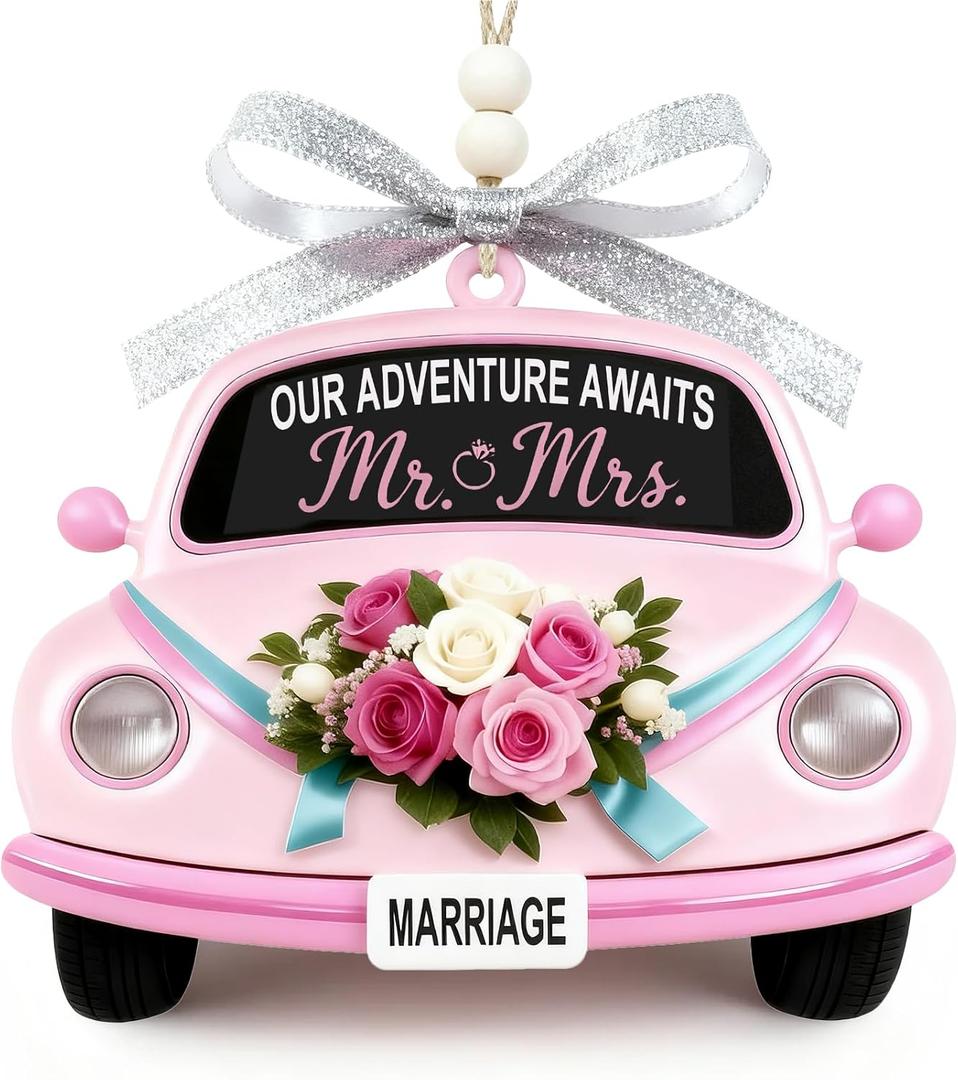 2 x Valentines Day Gift for Newlyweds  Our Adventure Awaits Wooden Car Ornament, Romantic Keepsake for Wedding Couples, Bridal Shower or First Valentine Engaged (Pink)