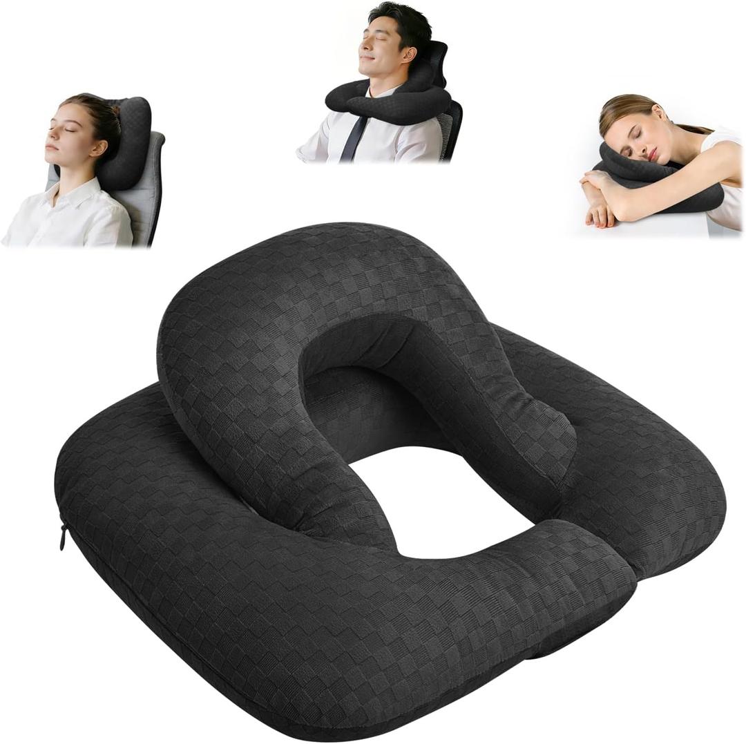Double Layer Neck Pillow - Ergonomic Desk Headrest, Lumbar Support, Seat Cushion & Travel Pillow for Office Chair, Recliner & Car (Plaid Black, 15.7x11.8x6.3 inches)