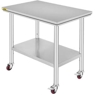 Mophorn Stainless Steel Work Table with Wheels 24 x 30 x 32 Inch Prep Table with 4 Casters Heavy Duty Work Table for Commercial Kitchen Restaurant Business, Silver and Black