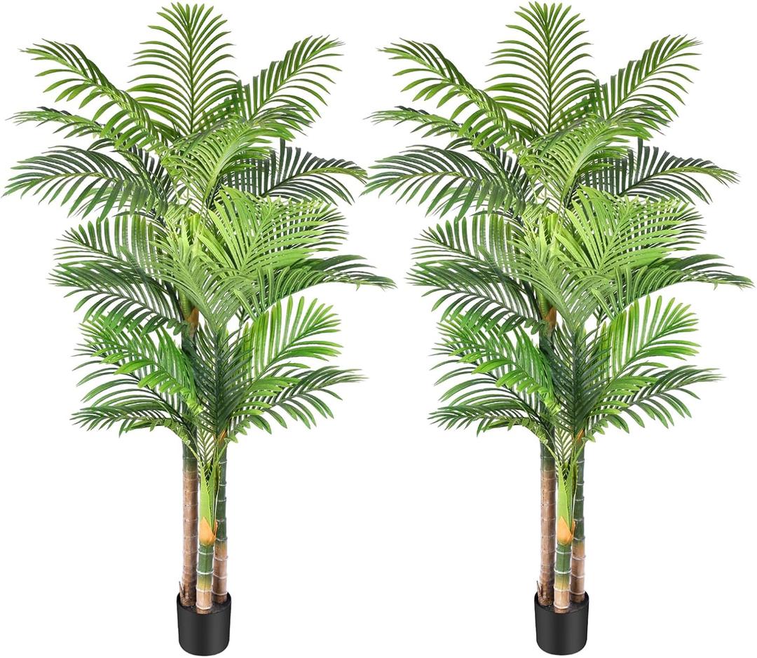 6ft Tall Triple Golden Cane Palm Artificial Tree Large Tropical Palm Tree UV Resistant Fake Plant in Pot for Indoor Outdoor Big House Living Room Outside Patio Office Home Decor (Set of 2)