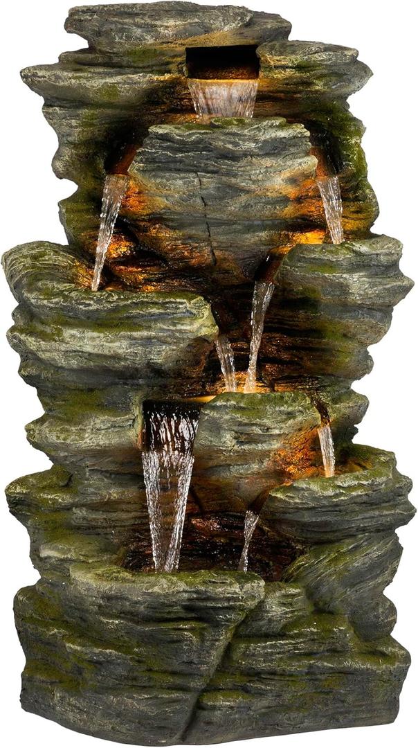 Alpine Corporation WIN1092 Outdoor Multitiered Rock Waterfall Floor Fountain with Warm White LED Lights, 51" Tall, Brown