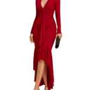 GLNEGE Long Sleeve Fall Wedding Guest Formal Dresses V Neck Ruffles Ruched Cocktail Bodycon Midi Dress for Women Wine (Red, S)