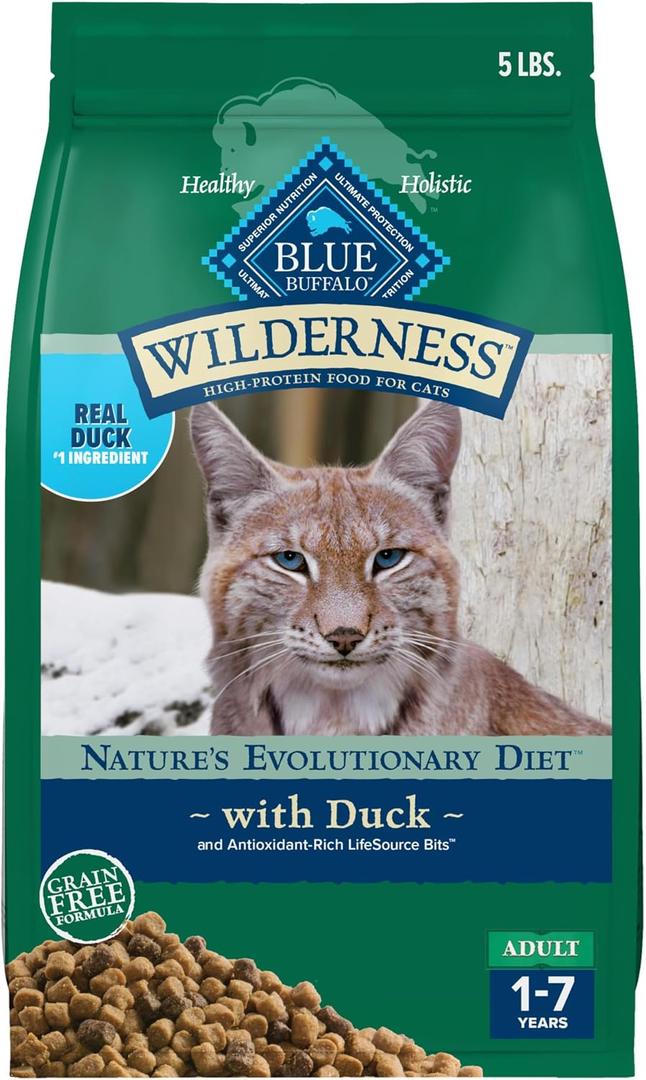 5 x Blue Buffalo Wilderness Nature's Evolutionary Diet High-Protein, Grain-Free Natural Dry Food for Adult Cats, Duck, 5-lb. Bag