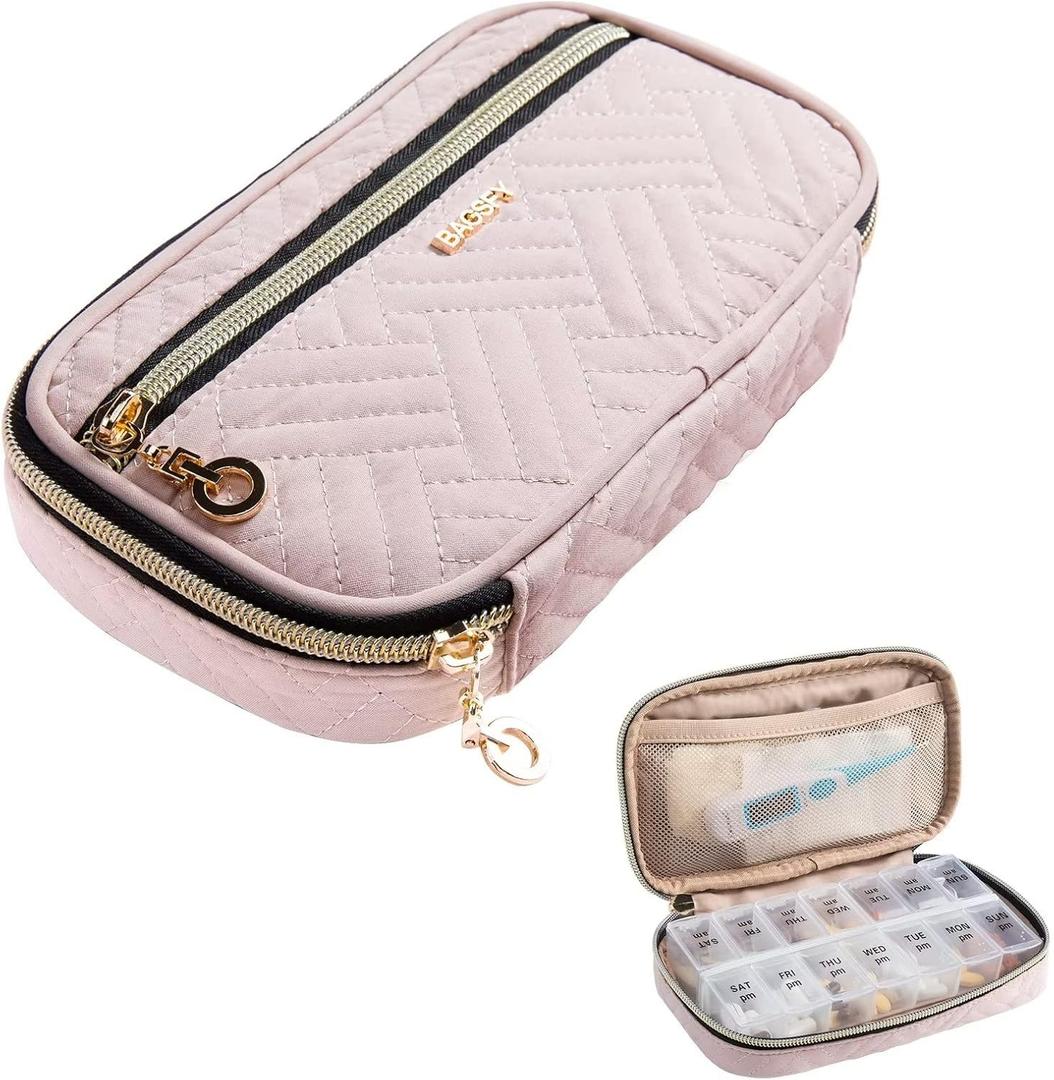 BAGSFY Pill Organizer Case 2 Times a Day- Weekly Medicine Organizer Travel Pill Box with Removable 7 Day Medicine Case Container for Fish Oil, Vitamin, Supplement (Pink)