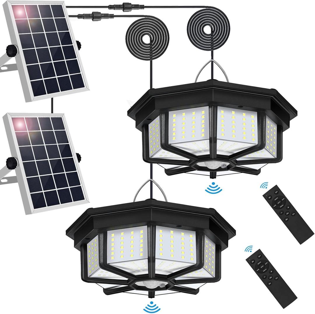 Solar Shed Lights Indoor Outdoor, Aqonsie 288LED Solar Powered Motion Sensor Pendant Light Daytime, Solar Indoor Light with 5 Lighting Modes & Remote for Shed Gazebo Barn Garage Home, 2 Pack