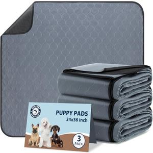 Washable Pee Pads for Dogs, 34x36 Reusable Puppy Pads with Fast Absorbent, Waterproof Reusable Pee Pads for Whelping, Training, Incontinence and Potty, 3 Pack, Grey