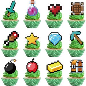 Birthday Cupcake Toppers Set,24pcs Party Supplies for Kids Boys Video Game Birthday Cake Decorations