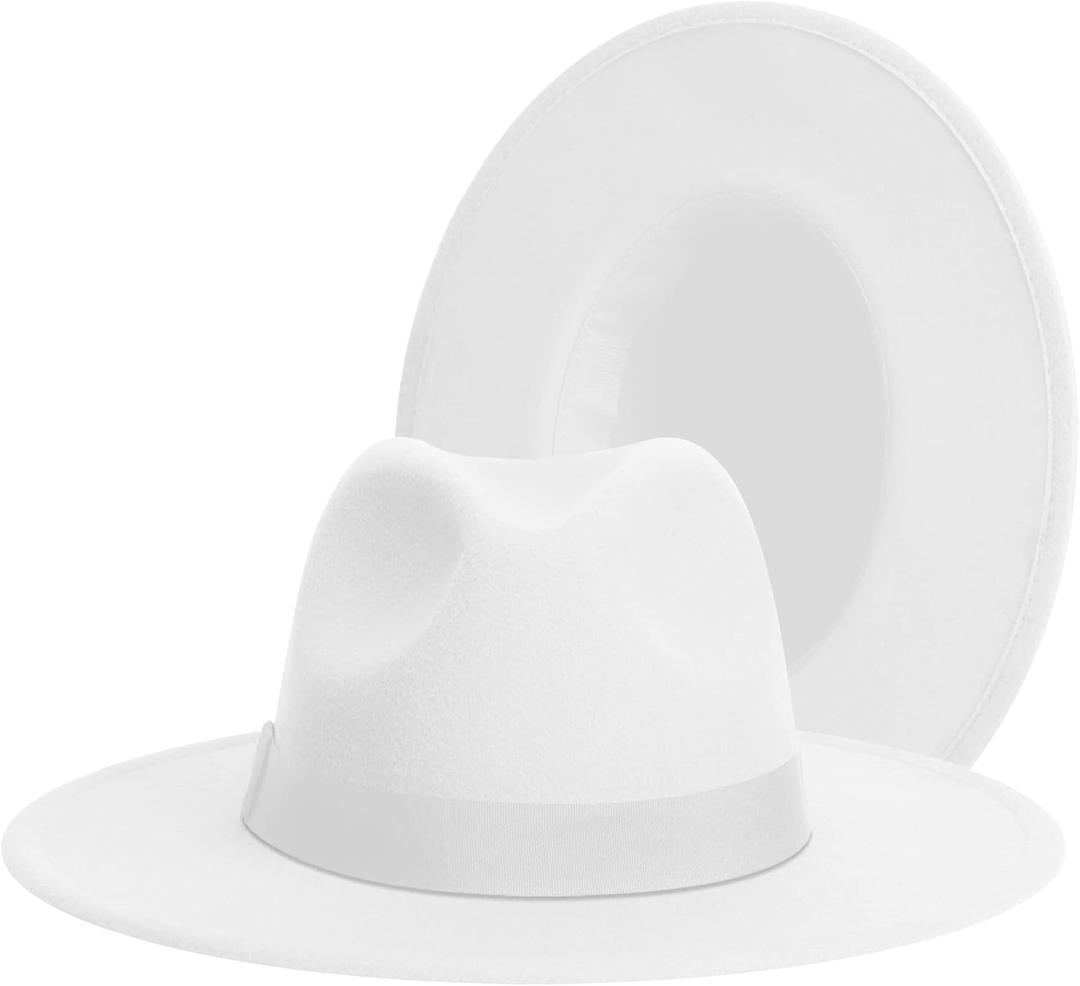 Wide Brim Fedora Hats for Women & Men Classic Dress Panama Hat Adjustable Felt Hat with Band (Large, All White)