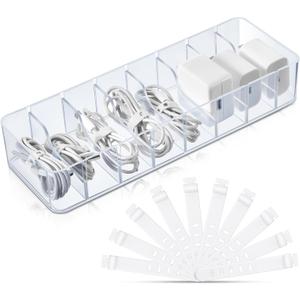 Tatuo 1 Pcs Cable Organizer with 10 Wire Ties, Plastic Cord Storage Charger Box Electronics Organizer with Adjustment Compartments Cable Storage for Drawer Home Office Desk Accessories (Clear)