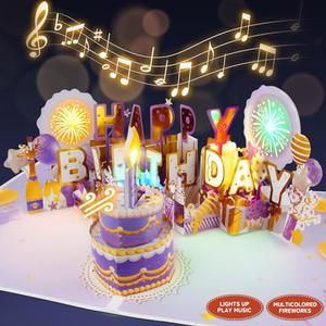XTF2015 Firework Birthday Cards，Music & LED Lights 3D Pop Up Greeting Card with Blowable Birthday Cake, Comes with Digital DIY, Sticky Note and Envelope, for Lover, Family and Friend