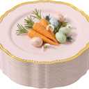 Hioasis 60pcs Pink Plastic Plates - Pink and Gold Disposable Dinnerware with Gold Rim, Heavy-duty, 10.25 inch, Dinner Plates for Party & Easter