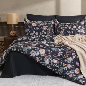 7 Piece King Comforter Set, Black Butterfly Floral Comforter Set with Flowers Leaves Pattern, Soft Microfiber Complete Bedding Set for All Season(Black, King)