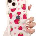 NITITOP Compatible for iPhone 13/ iPhone 14 Case Cute Curly Wave Wavy Frame Shape Shockproof Soft TPU 2 in 1 Flower Floral Phone Cover for Women Girl-Strawberry