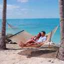 PNAEUT 2 Person Caribbean Rope Hammocks for Outside, 12ft Handwoven Polyester Double Hammock with Spreader Bar for Outdoor Indoor, Max 600 lbs Capacity (Tan)