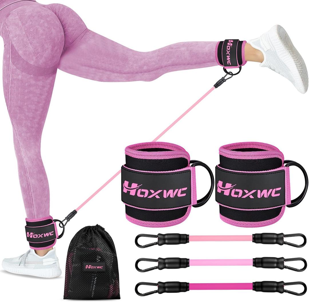 HOXWC Ankle Resistance Bands with Cuffs, Ankle Bands for Working Out, Ankle Resistance Band for Leg, Booty Workout Equipment for Kickbacks Hip Fitness Training, Exercise Bands for Butt Lift Women (1-pink)