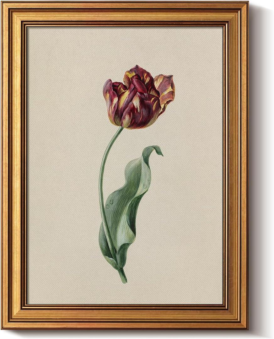 Bzstyleart Vintage Wall Art Decor for Living Room, Gold Framed Flower Wall Art for Office, Canvas Vintage Artwork, Canvas Painting Picture Print for Bedroom Christmas Gifts for Mom,12 x 16 Inch Red Tulip