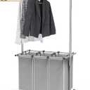 Simple Houseware 3 Bags Laundry Sorter with Extensible Clothes Hanging Rod