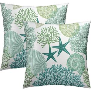 Summer Ocean Themed Nautical Coastal Throw Pillow Covers 18X18 Inches Set of 2 Aqua Teal Seashell Starfish Coral Pillowcase Soft Cotton Square Cushion Covers for Home Sofa Patio Bedroom Decoration