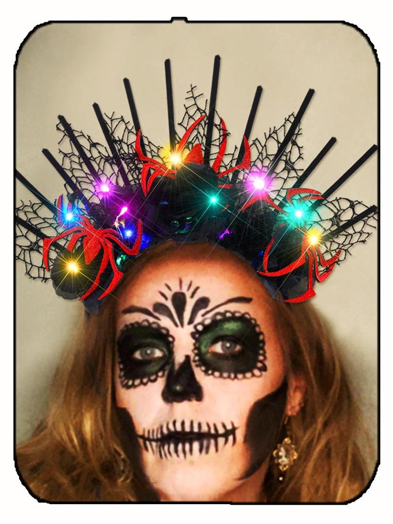GORTIN Light up Halloween Headband Black Flower Gothic Headpiece Spider Hair Accessories for Women (Black, Free size)