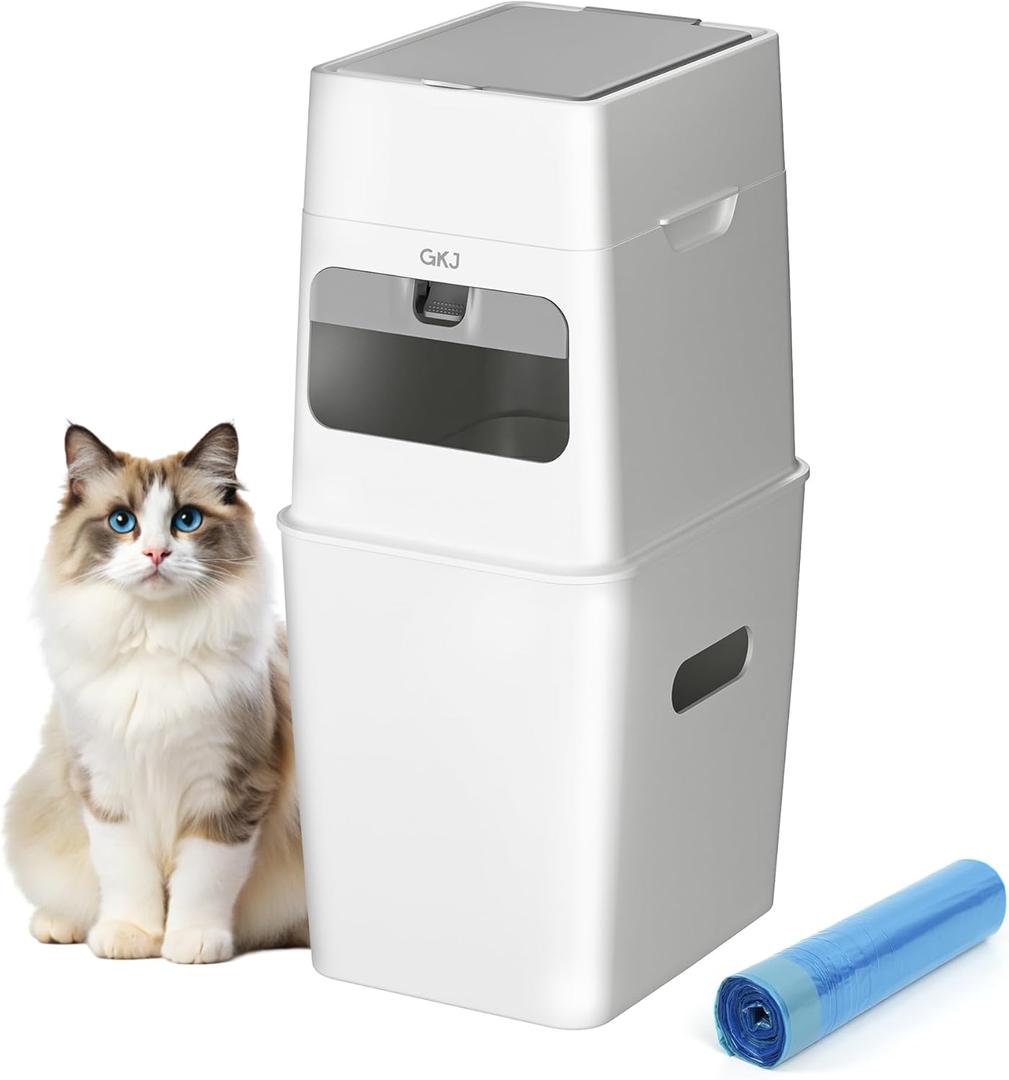 Cat Litter Box Waste Disposal System for Odor Control | GKJ Cat Litter Trash Can | Includes 1 roll of 16 Easy Tear-Off Bags | Diaper Trash Can (White)