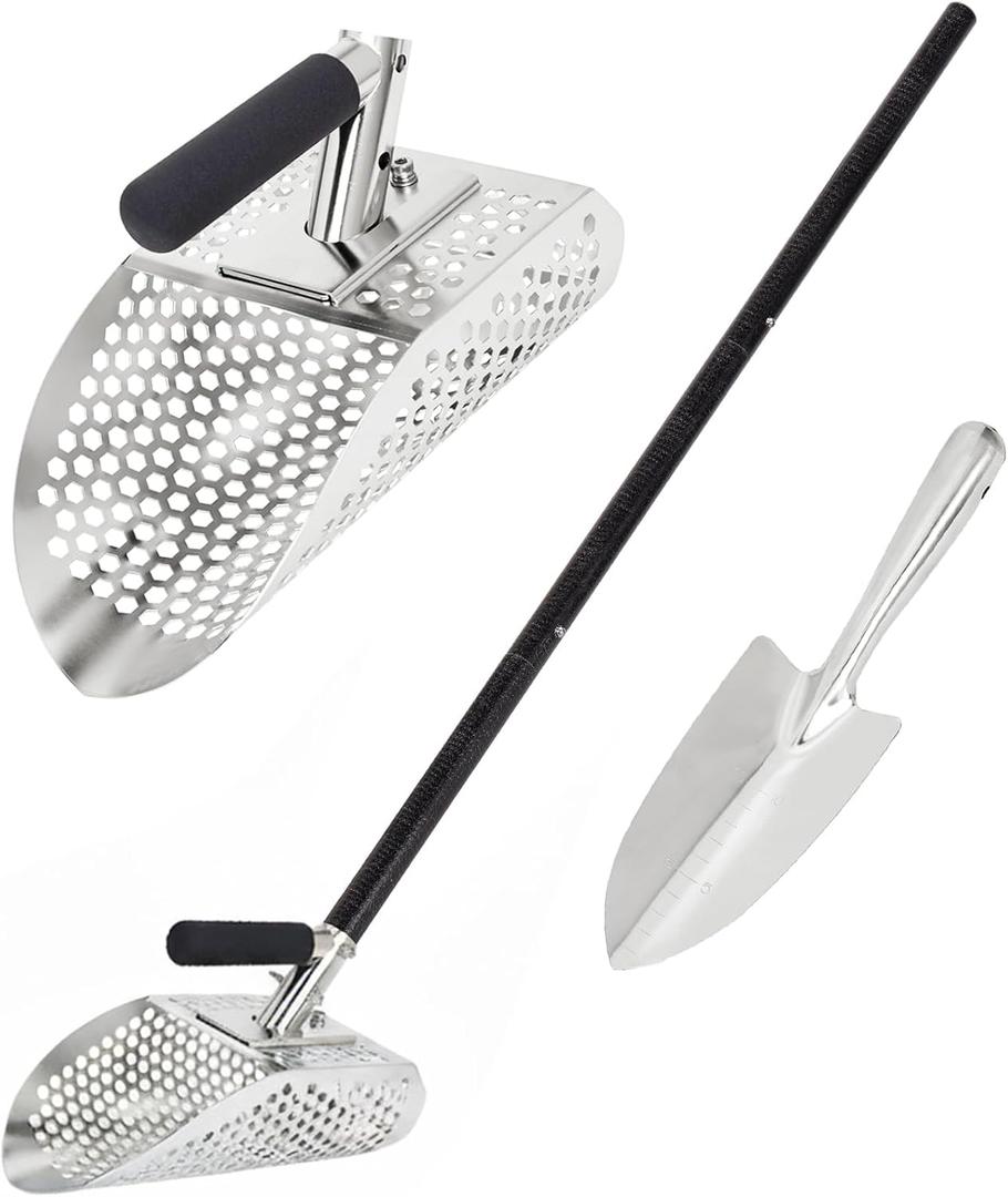Sand Scoop for Metal Detecting, Metal Detector Scoop with Long Fiberglass Handle, Stainless Steel Sand Sifter for the Beach, Metal Detector Accessories, Sand Flea Rake, Metal Detecting Shovel