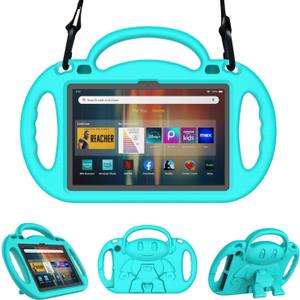 Lightweight Shockproof Kids Tablet Case with Handle, Bracket and Shoulder Strap, Incompatible with Nokia TCL -Cyan