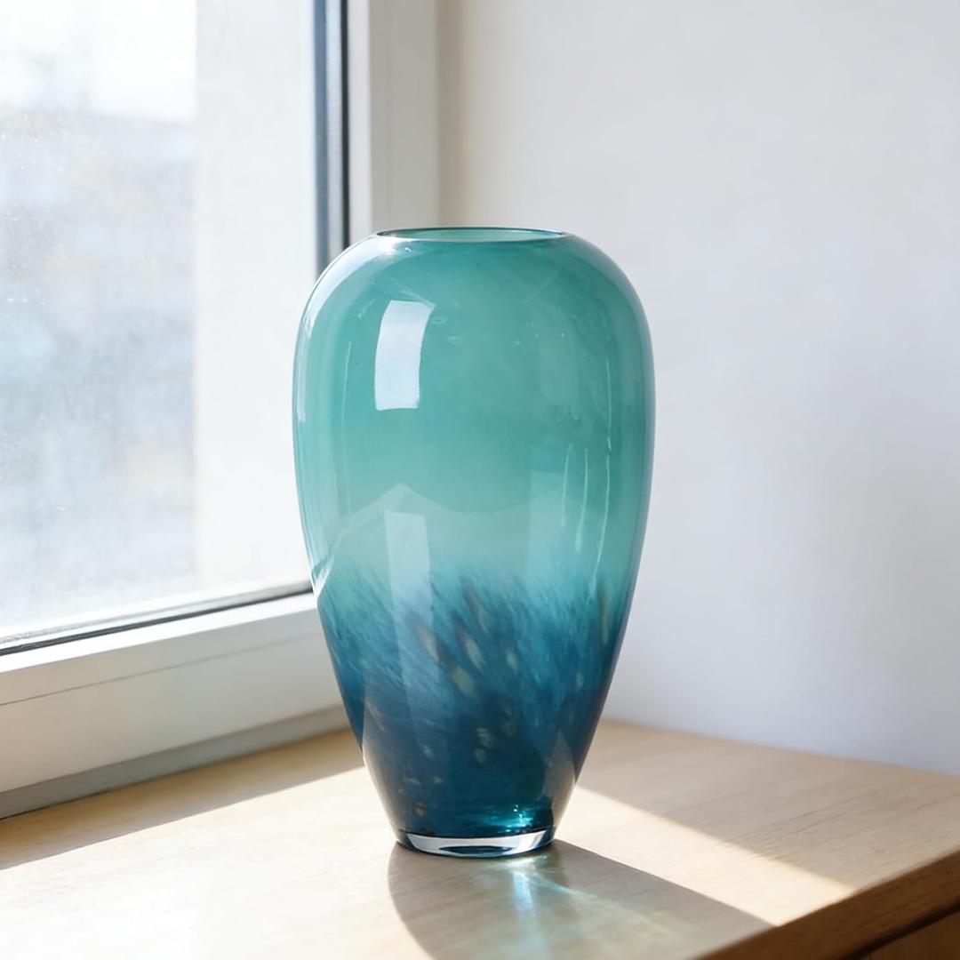 Teal Glass Vase  11" Hand Blown Glass Vase for Teal Home Decor Accents, Wide Mouth Turquoise Vases Home Decor for Centerpieces, Dining Table, Bookshelf, Bathroom or Living Room Display