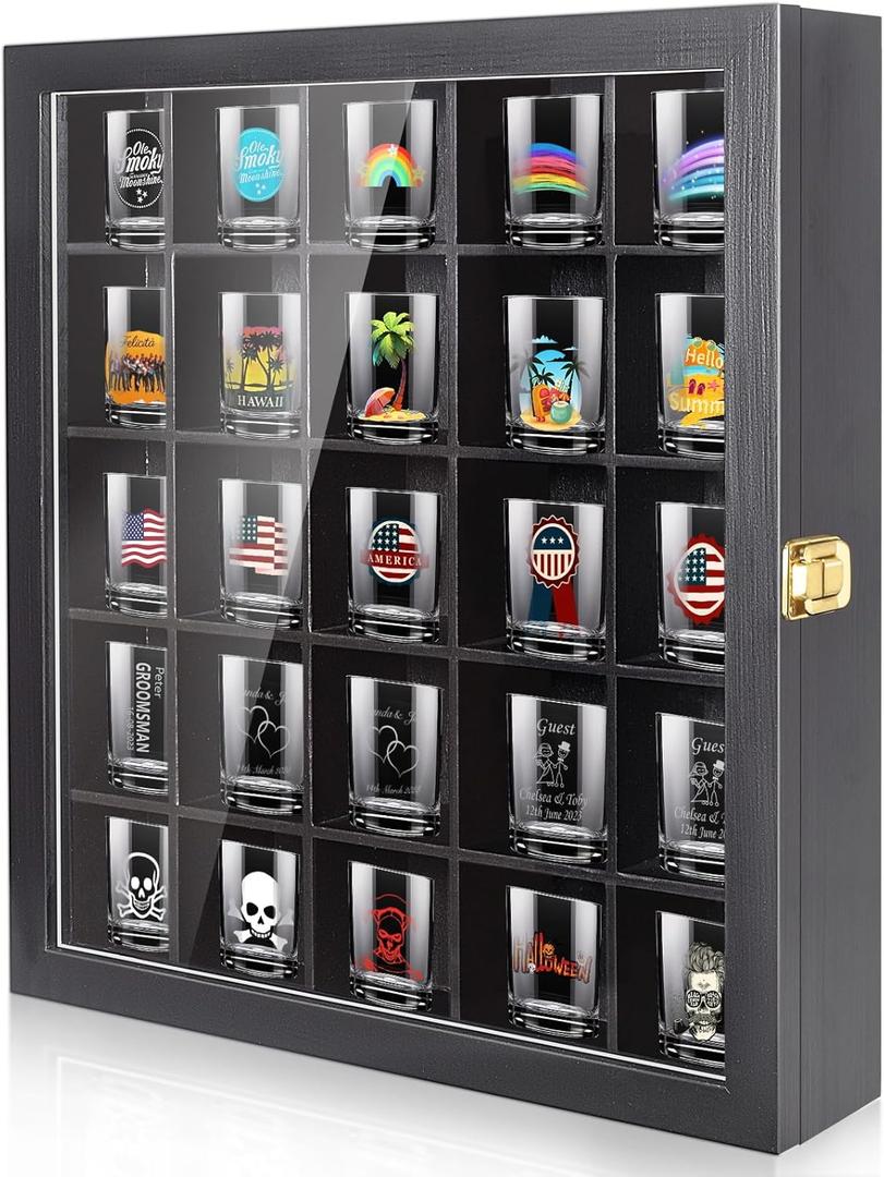 Tutata Shot Glass Display Case - 25 Slot Holder with Door, Wall Mounted Storage Case - Black