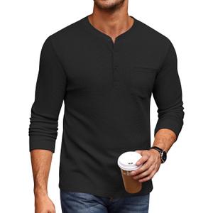 COOFANDY Men's Henley Shirts Long Sleeve Basic Waffle Pique Pullover T-Shirt with Pocket (Black)