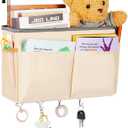 Bedside Storage Organizer 5 Pockets with 4 Hooks Hanging Storage Bag for Headboards/Bunk Bed (Beige)