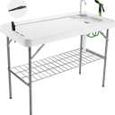 Folding Fish Cleaning Table Portable Camping Sink Table with Faucet Drainage Hose & Sprayer Outdoor Fish Fillet Cleaning Station with Grid Rack & Knife Groove for Picnic Fishing, Grey