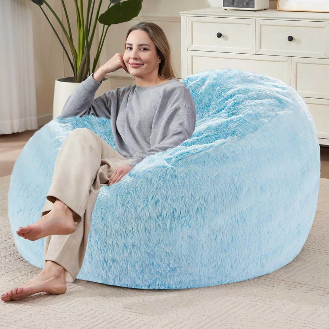 Bean Bag Cover (No Filler), Soft Faux Fur Stuffed Animal Bean Bag Storage, Fluffy Plush Bean Bag Chair Cover Washable, Comfy Bean Bag Covers for Adults Kids Teens, 38"x40" Light Blue