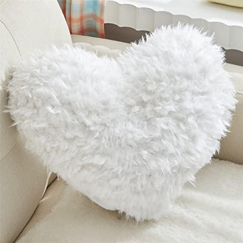 MOOWOO Fluffy Heart Throw Pillow with Pillow Cover and Insert, Shaggy Faux Fur,Valentines Day Decor,Christmas Decorations, Love Pillow (White, Heart Shape-15.7X15.7Inches)