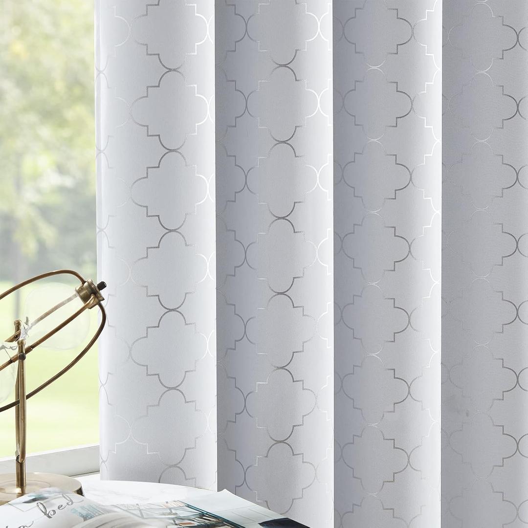 Enactex Full Blackout Greyish White Curtains 63 Inch Thermal Insulated Curtain with Metallic Silver Geometric Pattern, Light Blocking Window Drapes for Living Room Bedroom, 2 Panels (52"W x 63"L (Pack of 2), Greyish White/Silver)