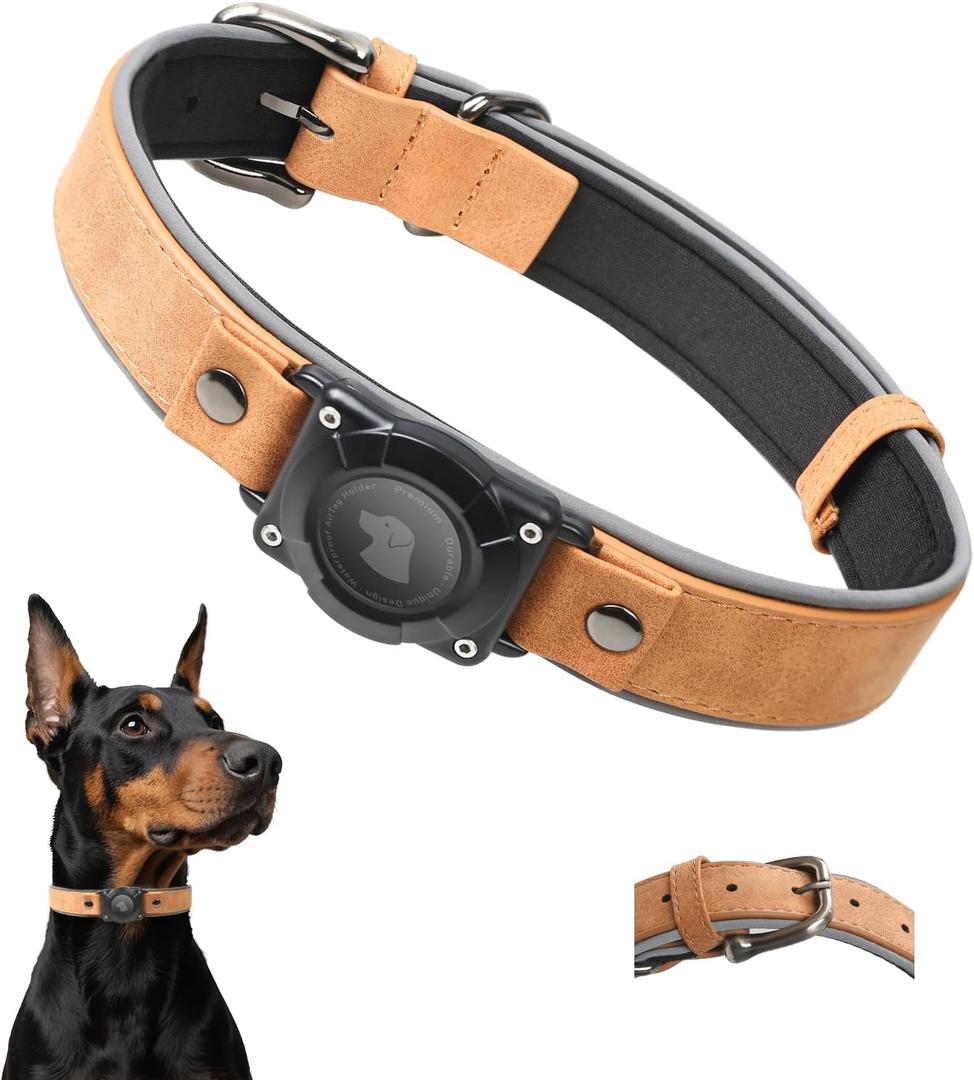 Leather AirTag Dog Collar - IPX8 Waterproof Dog Collar with AirTag Holder|Reflective, High - End, Adjustable Soft Padded |Dog GPS Collar Tracker Fit for Medium Large Dogs (Light Brown, L) (L (14.0"-19.5"))