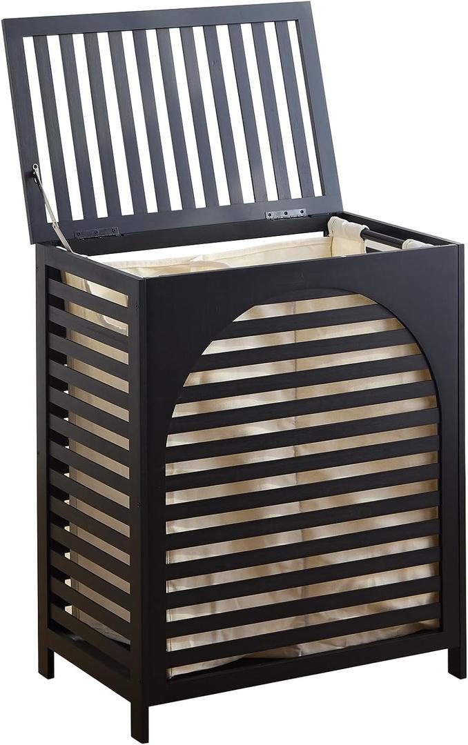 Laundry Hamper with Lid, Bamboo Clothes Laundry Basket with Handles, Removable 2-Section Liner bag, Hampers for Bedroom Aesthetic, Large Storage for Bath Towel, Sheets or Toys, Home (Black), 21.9" X 13.8" X 26.6"