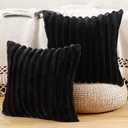 MADIZZ Set of 2 Faux Wool Plush Decorative Throw Pillow Covers 26x26 Inch Black Fluffy Striped Soft Decorative Cushion Cover for Sofa Bedroom Pillow Shell