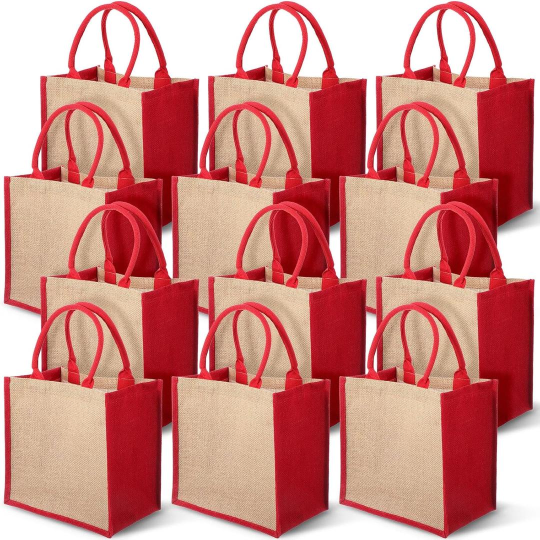 Saintrygo 12 Pcs Burlap Jute Tote Bags with Handle Reusable Blank Bridesmaid Gift Bags for Shopping Wedding DIY, 12x12x7.7In(Jute and Red)