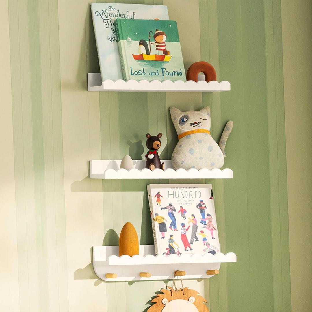 SANOA & CO. Nursery Book Shelves for Wall  16.5" Nursery Wall Decor, Floating Bookshelf for Kids Room, White Book Shelf Decor - Wave Style, 3-Pack