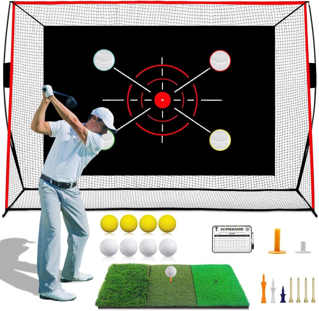 Golf Net, 10x7FT with Golf Practice Mat, Hitting Aid Net with Multi Targets Training for Backyard Driving Chipping Indoor Outdoor Use, 7-Ply Anti-Tear Netting & Carry Bag, Gifts for Men Dad Him Golfer