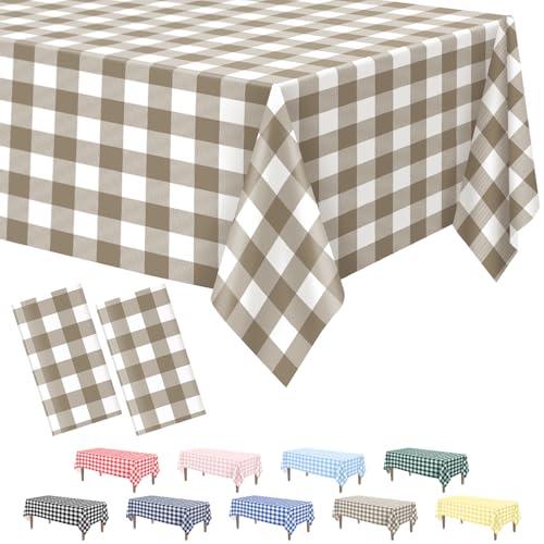 2 Pack Khaki Gingham Tablecloth, 54 x 108 Inches Khaki and White Checkered Tablecloths Plastic Table Cloth Disposable Picnic Tablecovers for Rectangle Table
