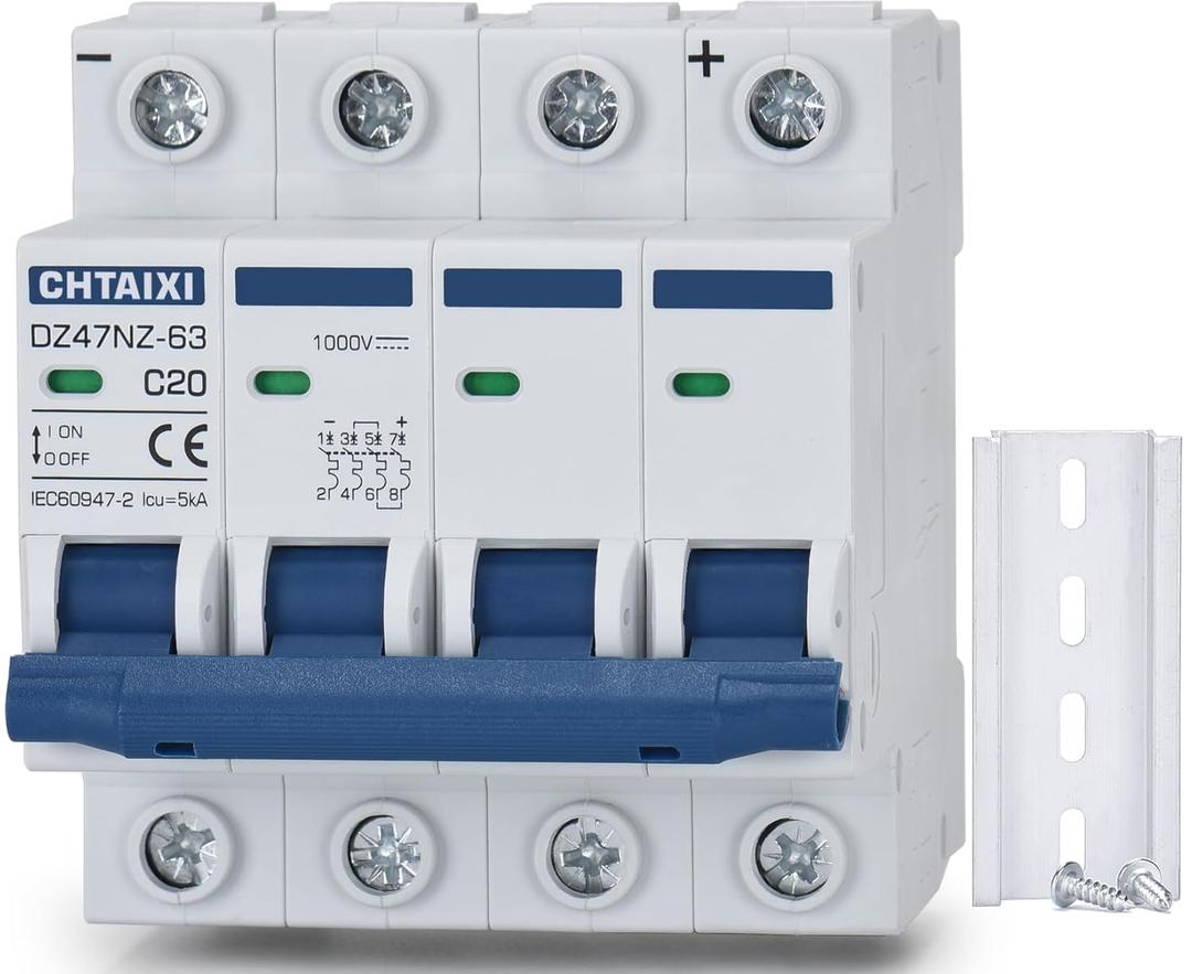 DC Miniature Circuit Breaker, 4 Pole 1000V 20 Amp Isolator for Solar PV System, Thermal Magnetic Trip, DIN Rail Mount DC Disconnect Switch C20