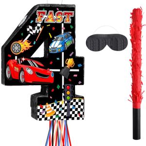 Race Car Piata Pull String Cars Piatas for Birthday Party Decorations Number 2 3 4 5 6 with Blindfold Stick Small Red Black Racing Theme 2nd 3rd 4th 5th 6th Party Supplies(Number 4)